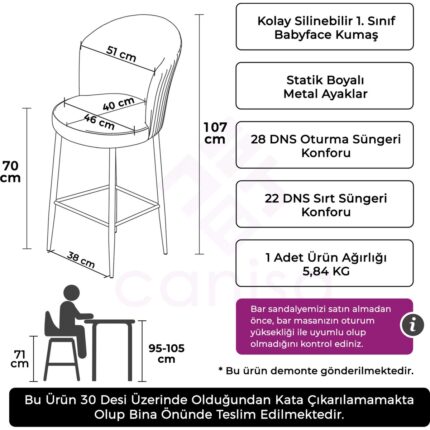 Canisa Concept Fora Serisi Mutfak  Bar Sandalyesi  Babyface Kumaş Siyah Metal Ayak 2  Adet Sandalye - Görsel 3