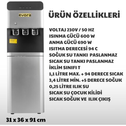 Evora Özel Seri Ev Tipi Ofis Tipi Sıcak Soğuk Arıtmalı Su Sebili Gri Premium - Görsel 3
