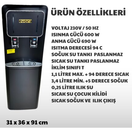 Evora Ev Tipi Ofis Tipi Sıcak Soğuk Arıtmalı Su Sebili Siyah Premium - Görsel 3