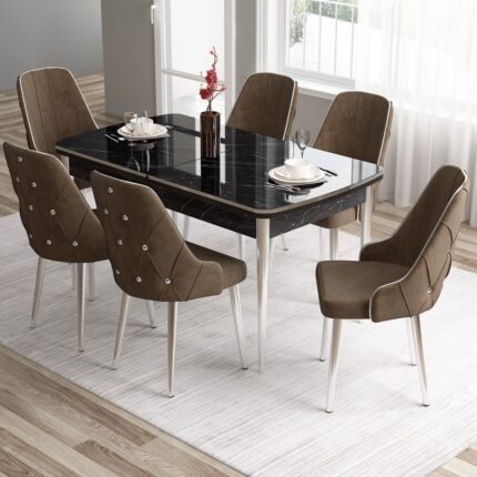 Canisa Tia Serisi, Siyah Mermer Desen 80X132 Açılabilir Mdf Mutfak Masa Takımı Takımı 6 Sandalye Gümüş Detay