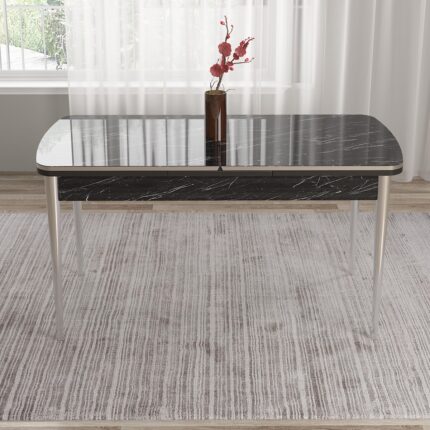 Canisa Tia Serisi, Siyah Mermer Desen 80X132 Açılabilir Mdf Mutfak Masa Takımı Takımı 6 Sandalye Gümüş Detay - Görsel 3