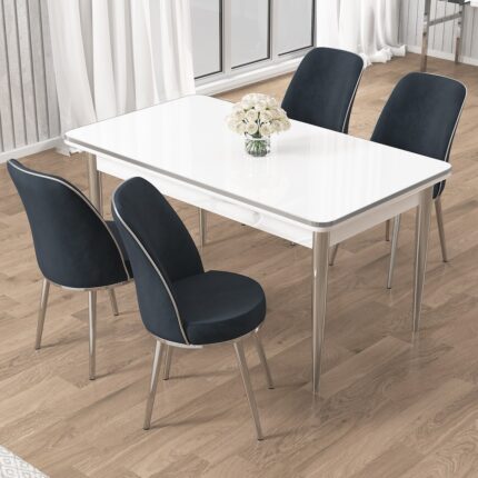 Canisa Rewa Serisi 70 x 110 Sabit Beyaz Krom Detay Masa Takımı ve 4 Sandalye