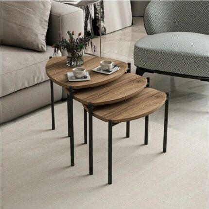 Edmonda Ev Aksesuar Duru 3lü Üçlü Ahşap Metal Zigon Sehpa Ceviz - Görsel 2