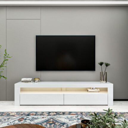 İnarch Dizayn Batı LED Işıklı 2 Kapaklı TV Sehpası – 150 cm – Minimal Tasarım, Parlak Beyaz