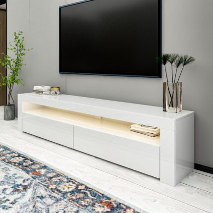 İnarch Dizayn Batı LED Işıklı 2 Kapaklı TV Sehpası – 150 cm – Minimal Tasarım, Parlak Beyaz - Görsel 3