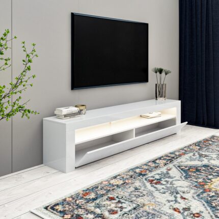 İnarch Dizayn Batı LED Işıklı 2 Kapaklı TV Sehpası – 150 cm – Minimal Tasarım, Parlak Beyaz - Görsel 4
