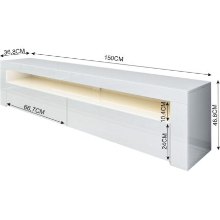 İnarch Dizayn Batı LED Işıklı 2 Kapaklı TV Sehpası – 150 cm – Minimal Tasarım, Parlak Beyaz - Görsel 5