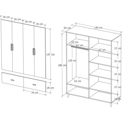 İmbaş Inci 4 Kapaklı 2 Çekmeceli Gardırop Beyaz %100 Mdf - Görsel 5