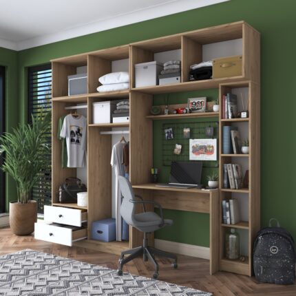 Rani BA122 Geniş Gardırop Açık Raflı Elbise Dolabı + Çalışma Masası + Kitaplık Sepet Ceviz - Beyaz 216 x 240 cm - Görsel 5