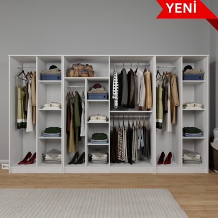 Midoser Kardelen Serisi 300  cm  Mat Beyaz 8 Kapılı 14 Raflı Elbise Dolabı - Gardırop Seti