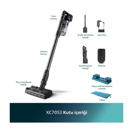 Philips Phılıps XC7053/01 7000 Serisi Aqua 25.2 V Kablosuz Dik Süpürge, PowerCyclone 12, TriActive Akıllı Başlık, 80 dk'ya Kadar Şarj, 3 Aşamalı Filtreleme, - Görsel 3