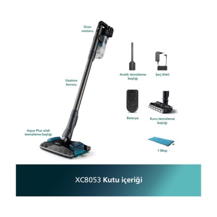 Philips XC8053/01 8000 Serisi Aqua Plus Kablosuz Dik Süpürge, 80 dk'ya Kadar Çalışma Süresi, PrecisionPower Başlık, Aqua Plus Başlık, - Görsel 3