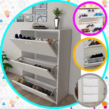Modilayn Triplex Kapıönü 3 Katlı Düşer Kapak Beyaz Ayakkabılık, Ayakkabı Dolabı, Beyaz