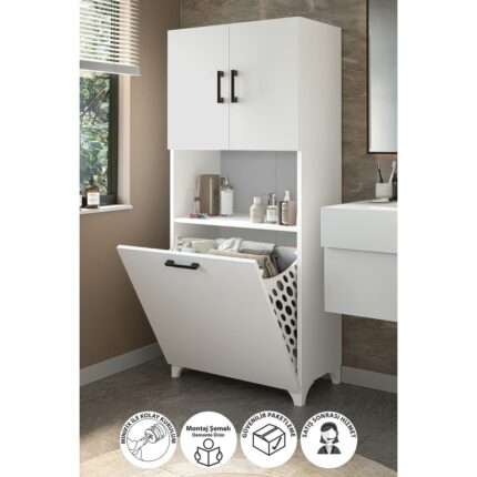 Bofigo Çok Amaçlı Dolap Banyo Dolabı Kirli Çamaşır Sepeti Dolabı Damla Beyaz