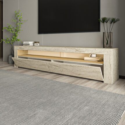 İnarch Dizayn Batı LED Işıklı 2 Kapaklı TV Sehpası – 150 cm – Minimal Tasarım, Traverten Desen - Görsel 4