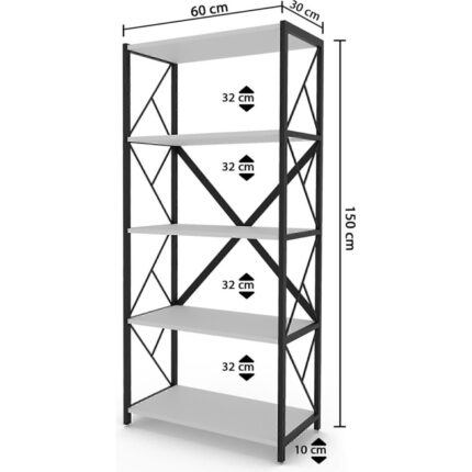 Barin Design 5 Raflı Kitaplık Demir Profil Modern Iskandinav Çalışma Odası Ofis Salon Kitaplığı Evrak Rafı Metal - Görsel 3