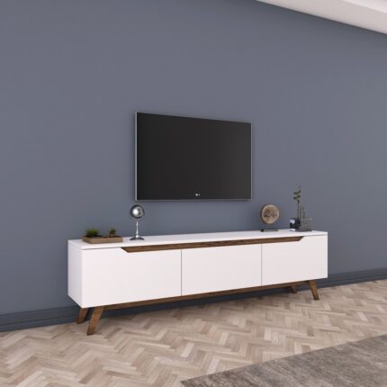 Rani D1 Tv Ünitesi Modern Ayaklı Tv Sehpası 180 cm  Beyaz - Minyatür Ceviz - Görsel 4