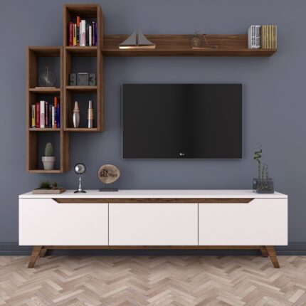 Rani D1 Duvar Raflı Tv Ünitesi Kitaplıklı Tv Sehpası Duvara Monte Raflı Modern Ayaklı 180 cm Beyaz - Minyatür Ceviz M16