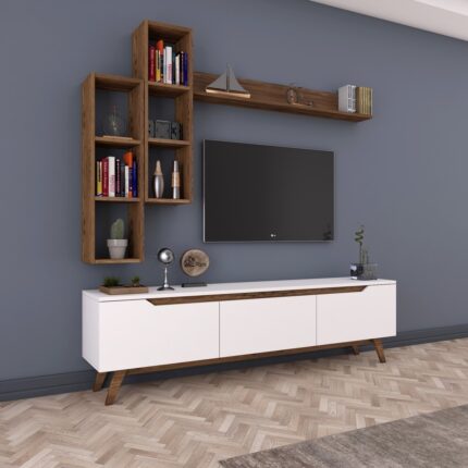 Rani D1 Duvar Raflı Tv Ünitesi Kitaplıklı Tv Sehpası Duvara Monte Raflı Modern Ayaklı 180 cm Beyaz - Minyatür Ceviz M16 - Görsel 3