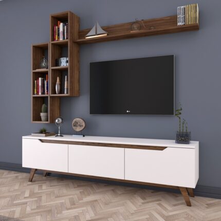 Rani D1 Duvar Raflı Tv Ünitesi Kitaplıklı Tv Sehpası Duvara Monte Raflı Modern Ayaklı 180 cm Beyaz - Minyatür Ceviz M16 - Görsel 4