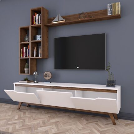 Rani D1 Duvar Raflı Tv Ünitesi Kitaplıklı Tv Sehpası Duvara Monte Raflı Modern Ayaklı 180 cm Beyaz - Minyatür Ceviz M16 - Görsel 5