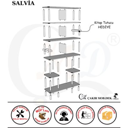 Cmd Wood SALVİA Kitaplık MDF ve Ahşap Zarif İşlevsel Minimalist Tasarım Kitaplık -Kütüphane - Dosya dolabı - Ofis dosya - Yatak Odası - Genç Odası - Karyola yan sehpa - otel -hotel - pansiyon - Görsel 5