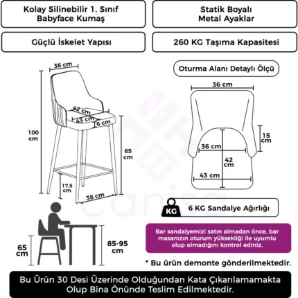 Canisa Concept Tera Serisi, Mutfak Bar Sandalyesi,  Babyface Kumaş, Siyah Metal Ayak 1 Adet Sandalye - Görsel 2