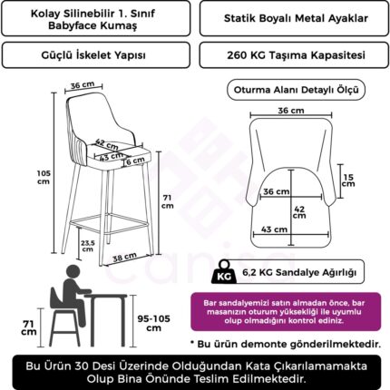 Canisa Concept Enox Serisi  Mutfak Bar Sandalyesi   Babyface Kumaş  Siyah Metal Ayak - Görsel 2