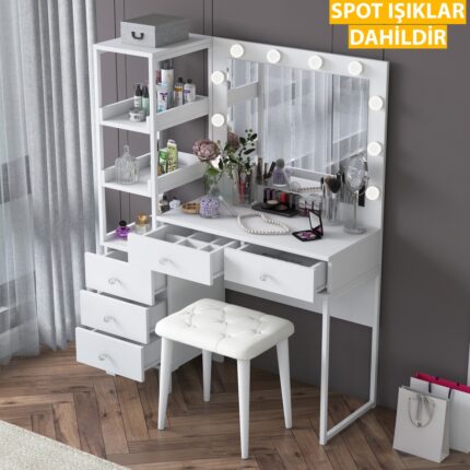 Rani BJ155 Makyaj Masası 5 Çekmeceli Raflı Işıklı Aynalı Takı Düzenleyici Puf Takım Beyaz - Görsel 3