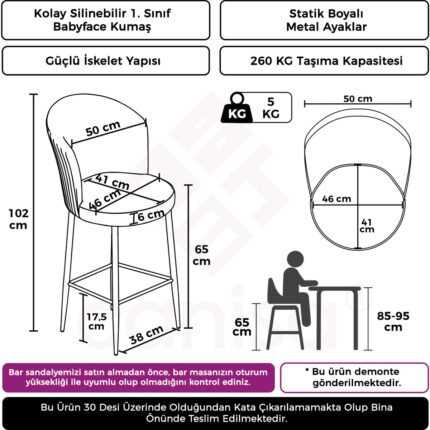 Canisa Concept Alte Serisi Mutfak  Bar Sandalyesi  Babyface Kumaş Siyah Metal Ayak 1 Adet Sandalye - Görsel 2