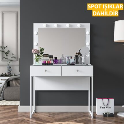 Rani BJ146 Hollywood Işıklı Aynalı Kulis Makyaj Masası Cam Tablalı 2 Çekmeceli Takı Düzenleyici Beyaz - Görsel 3