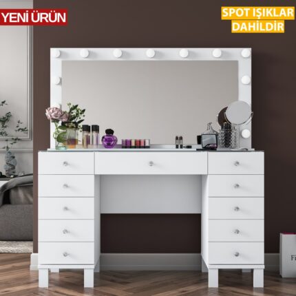 Rani BJ137 Hollywood Işıklı Aynalı Kulis Makyaj Masası Cam Tablalı 11 Çekmeceli Takı Düzenleyici Beyaz - Görsel 3