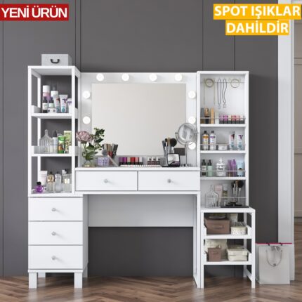 Rani BJ154 Hollywood Işıklı Aynalı Kulis Makyaj Masası 5 Çekmeceli Açık Raflı Takı Düzenleyici Beyaz - Görsel 3