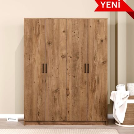 Midoser Kardelen Serisi 140  cm  Atlantik Çam 4 Kapılı 5 Raflı Elbise Dolabı - Gardırop