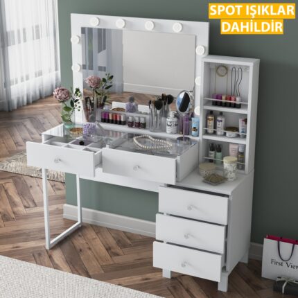 Rani BJ151 Hollywood Işıklı Aynalı Kulis Makyaj Masası Cam Tablalı 5 Çekmeceli Takı Düzenleyici Beyaz
