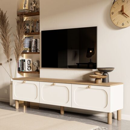 Mezza 1280 Monza 180  cm  (Membran Mdf Kapaklı) Bohem Tv Ünitesi Sepet-Beyaz