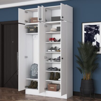 Rani EA146 Modern Portmanto 8 Kapaklı Raflı Askılı Ayakkabılık Vestiyer Beyaz - Görsel 5
