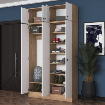 Rani EA146 Modern Portmanto 8 Kapaklı Raflı Askılı Ayakkabılık Vestiyer Sepet Ceviz - Beyaz - Görsel 5