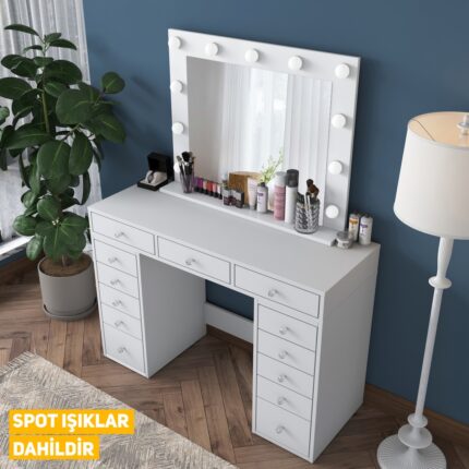 Rani BJ119 Hollywood Işıklı Aynalı Kulis Makyaj Masası 13 Çekmeceli Takı Düzenleyici Beyaz - Görsel 3