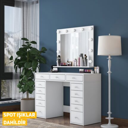 Rani BJ119 Hollywood Işıklı Aynalı Kulis Makyaj Masası 13 Çekmeceli Takı Düzenleyici Beyaz - Görsel 4