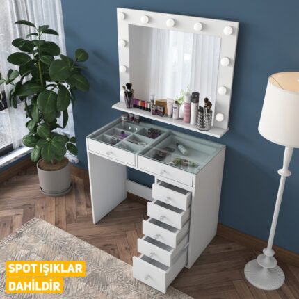 Rani BJ117 Hollywood Işıklı Aynalı Kulis Makyaj Masası Cam Tablalı 7 Çekmeceli Takı Düzenleyici Beyaz