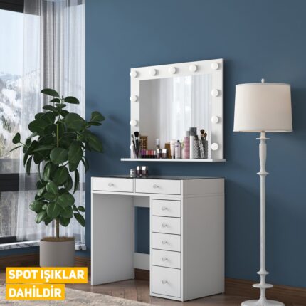 Rani BJ117 Hollywood Işıklı Aynalı Kulis Makyaj Masası Cam Tablalı 7 Çekmeceli Takı Düzenleyici Beyaz - Görsel 5