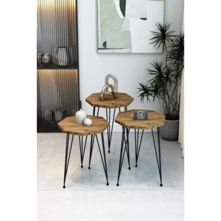 Barin Design 3'lü Sekizgen Zigon Sehpa ve Dikdörtgen Orta Sehpa Takımı Modern Siyah Metal Ayaklı Salon Sehpa Seti - Görsel 2