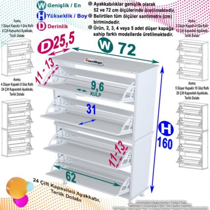 Modilayn UMAY' 2 Li Antre Hol 72 x 168x 25, 5 cm’ lik 4 Düşer Kapak 8 Göz Raf  Bölmeli Ayakkabılık - Görsel 5