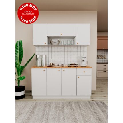 İmbaş Agt 160  cm   Mdf Ahşap Tezgahlı Beyaz Kapaklı Hazır Mutfak Dolabı