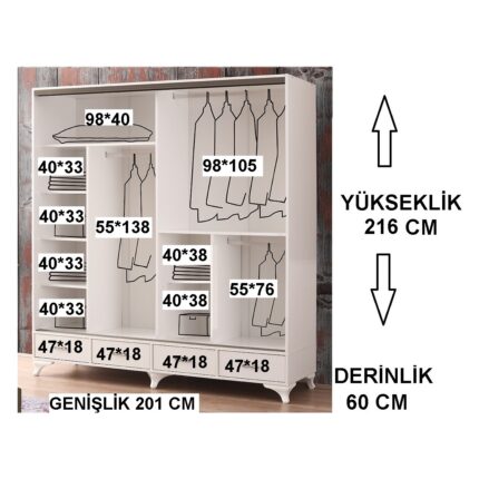 Beenal Mars Sürgülü Kapaklı Şifonyerli Gardırop 200 cm - Görsel 5