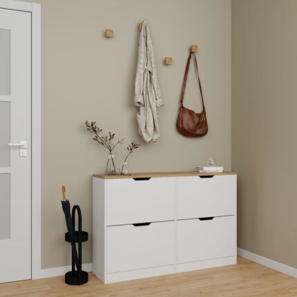 Midoser Nisan Düşer Kapak 4 Bölmeli Ayakkabılık Beyaz-Ceviz 120  cm - Görsel 2