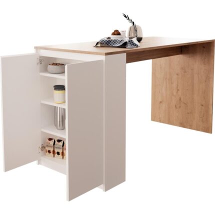 Bimossa Edgar L4810 Mutfak Adası Bar Masası 160  cm  Ahşap Üst Beyaz Alt Çok Amaçlı Depolamalı Oturmalı Masa - Görsel 5