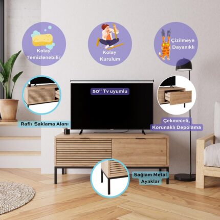 Bimossa B0060 120 cm Alya TV Sehpası 50'' TV Uyumlu Metal Ayaklı Modern Depolamalı Tv Ünitesi - Görsel 2