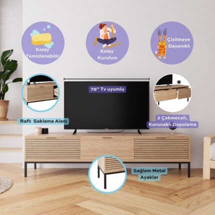 Bimossa E0060 180 cm Alya TV Sehpası 78'' TV Uyumlu Şık Metal Ayaklı Modern Depolama Alanlı TV Ünitesi - Görsel 2